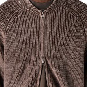 Blouson Bomber Homme Marron Foncé Lavé en Maille Côtelée, Veste Décontractée à Fermeture Éclair avec Poignets et Ourlet Côtelés, Vêtement d'Extérieur Tendance - Product Image 3