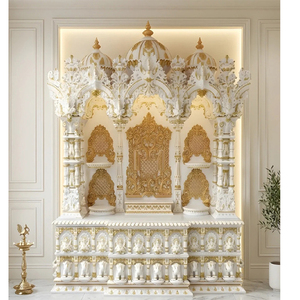 Temple en bois de teck style BAPS avec finition or blanc, Mandir de prière au design moderne, Temple poli noir, Vente directe usine USA - Product Image 1