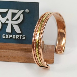 Premium Metal Craft Magnetic Copper Cuff <b>Bangle</b> Two Tone Braided Inlay Design Adjustable Open Bracelet Handmade - Product Image 5