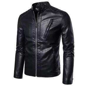 Chaqueta de moto para hombre de piel sintética, corte ajustado, cuello alto, cierre de cremallera, color liso, longitud regular, invierno, logotipo frontal, cortavientos - Product Image 4