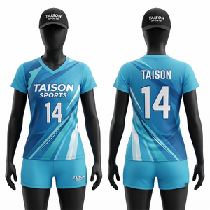 Premium 160 GSM Moisture Wicking Polyester Women <b>Volleyball</b> Uniform Blue Graphic Panel Custom Logo Jersey Shorts <b>Set</b> - Product Image 1
