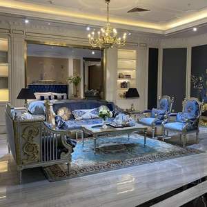 Juego de Sofás de Madera de Caoba Tallada, Clásico y Lujoso, Ecológico, Hecho a Mano, Acabado Azul Dorado, Estilo Europeo, Muebles para Sala de Estar - Product Image 1