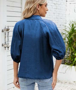 Women's Denim Blouse With Bowknot Mandarin Collar Short <b>Balloon</b> Sleeve Loose Fit Spring Summer Casual Top - Product Image 6