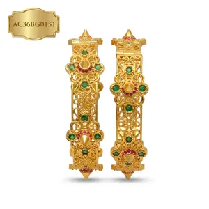 Arabic Style Gold Plated Bangles – Royal Filigree Statement <b>Bracelet</b> Set with Green & <b>Red</b> Stones - Product Image 2