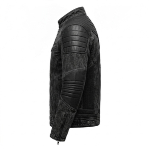 Blouson Moto Vintage en Jean Noir Vieilli pour Homme avec Patchs en Cuir Coupe Slim Vêtement Décontracté pour la Conduite - Product Image 4