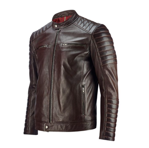 Men's Brown PU Casual Garment Dyed Moto Jacket <b>Turtleneck</b> Collar Zipper Closure Regular Fit Winter Wear - Product Image 3