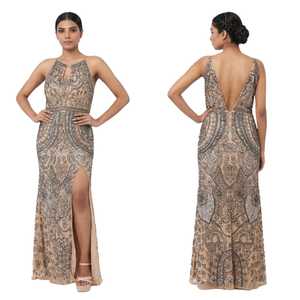 Vestido de Noche de Sirena Moderno y Lujoso con Lentejuelas Bordadas en Color Champán para Mujer |   Cuello halter con espalda en V profunda y sin mangas |   Fiesta Formal - Product Image 1