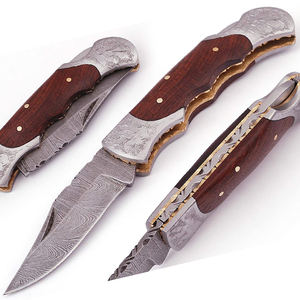 Cuchillo de bolsillo de grado industrial con mango parcialmente de madera con incrustaciones de acero de Damasco, bolsteros grabados, cuchillos plegables, directo de fábrica OEM - Product Image 1