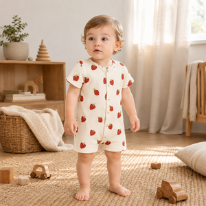 Mameluco de Manga Corta Acanalado para Bebé, 100% Bambú Transpirable |   Mono de una pieza con estampado de fresas rojas y blancas para bebés unisex con cierre frontal a presión para uso diario - Product Image 2
