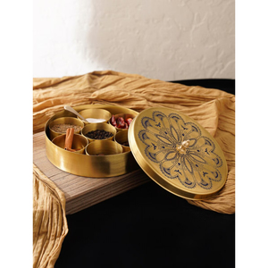 Handcrafted Pure Brass Masala Dabba Spice <b>Box</b> With Floral Embossed Lid 7 Detachable Compartment & Spoon Traditional Indian Spice - Product Image 2