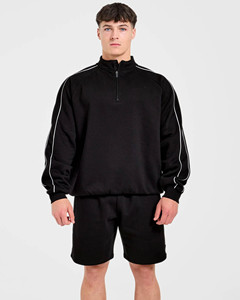 Wholesale OEM Custom <b>Black</b> High Neck <b>Men's</b> Half Zip Piping Hoodie Cotton Blended Breathable Tracksuit Streetwear Hoodie For <b>Men</b> - Product Image 3