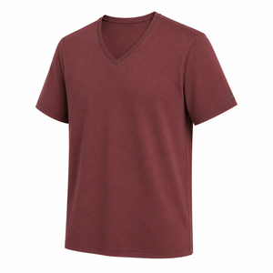 Camiseta de Algodón Personalizada Color Granate con Cuello en V y Detalle de Costura en Contraste, Manga Corta, Lisa, Ropa de Verano para Hombre, Venta al Por Mayor - Product Image 3