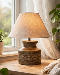 Hand-carved wooden pot <b>table</b> lamp white jute shade <b>rustic</b> tribal base decorative <b>bedside</b> light for farmhouse home decor - Product Image 5