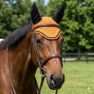 Voile anti-mouches orange en crochet pour cheval, cache-oreilles noirs, bordure contrastante, fait main, rembourré doux, confortable, haute qualité, couleur personnalisable - Product Image 2