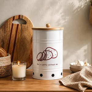 Conteneur de rangement cylindrique en métal blanc avec couvercle métallique, design vintage de dessin animé de pomme de terre, empilable pour la conservation des aliments frais dans la cuisine - Product Image 5