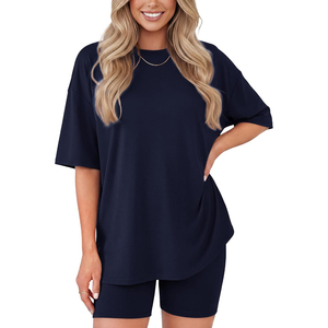 Ensemble 2 pièces noir pour femme, haut ample à col rond et manches courtes avec short au-dessus du genou, en coton tricoté, décontracté, pour le printemps et l'été - Product Image 3