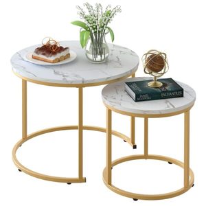 Ensemble de 2 tables basses rondes modernes avec plateau en marbre et structure en métal doré - Product Image 3