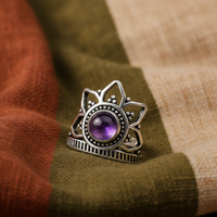 Bague Couronne de Lotus en Améthyste Aura Violette, Plaqué Or/Argent, Sertissage Clos, Style Bohème, Bijou Unisexe Fait Main