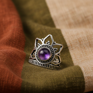 Violet Aura Amethyst Lotus Crown <b>Ring</b> Brass Silver Plated Bezel Setting Bohemia Style Handmade Unisex Jewelry - Product Image 5