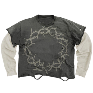 Camiseta Oversize Gris de Manga Corta para Hombre con Estampado de Corona de Espinas y Contraste Blanco, Estilo Urbano con Capa de Manga Larga, Jersey de Cuello Redondo - Product Image 3