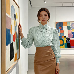 Ventes flash sur Temu |   Chemisier élégant en dentelle pour femme, col montant, manches bouffantes, ajouré, idéal pour les fêtes et le quotidien - Product Image 2