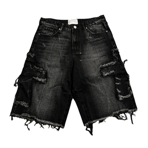 Pantalones Cortos de Mezclilla para Hombre, de Cintura Media, Desgastados, con Lavado Ácido, con Pedrería, Estilo Jorts, Ajuste Holgado, en Denim Oscuro - Product Image 1