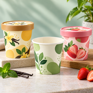 Gobelets à crème glacée EcoRev 500 ml, compostables, en matériaux recyclés, écologiques, en papier kraft, imprimés numériquement avec motif de fruits, à paroi simple - Product Image 1