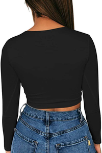 Camiseta de Manga Larga Ajustada de Color Liso Estilo Hot Girl, Top Corto Ultra Corto de Corte Bajo, Pullover Ajustado - Product Image 6