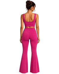 Manufacturer Customized Fuchsia Pink Womens Seamless Yoga Set <b>Flare</b> <b>Leggings</b> And Sports Bra Gym Workout Fitness Activewear - Product Image 2