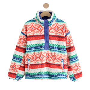 Sudadera con capucha de forro polar Sherpa para mujer, con media cremallera, diseño Fair Isle rojo y verde, cálida, informal, de invierno, con bolsillos - Product Image 3