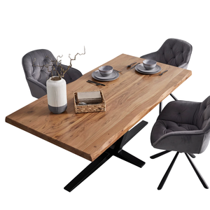 Mesa de Comedor Moderna para el Hogar, Cocina o Restaurante, con Cubierta de Madera de Acacia Sólida Natural Única con Borde Natural y Base de Metal Negro de Diseño Industrial - Product Image 3