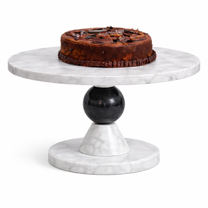 Support à gâteau de luxe en marbre blanc avec piédestal sphérique noir, présentoir à desserts design pour cuisine moderne, table à manger, fête - Product Image 1