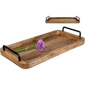 Plateau de service en bois de manguier rectangulaire, couleur unie, design minimaliste, poignées en métal durables - Product Image 4