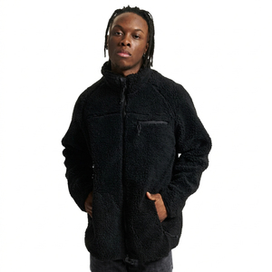 <b>Men's</b> Black <b>Fleece</b> <b>Jacket</b> Stand Collar Zipper Closure Windproof Warm Casual Winter Outerwear <b>Sherpa</b> Lining Pockets Regular Fit - Product Image 1