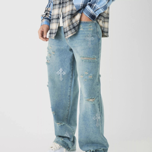 Jean en denim déchiré taille haute à jambe large, coupe ample, en coton délavé, style streetwear, pantalon décontracté printemps - Product Image 1
