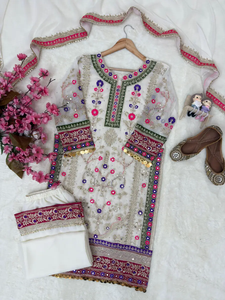 Women's Embroidered Woven Full Sleeve Salwar Kameez Set Floral Digital Print Cotton Outfit Farshi Shalwar Khadi Dupatta All - Product Image 4
