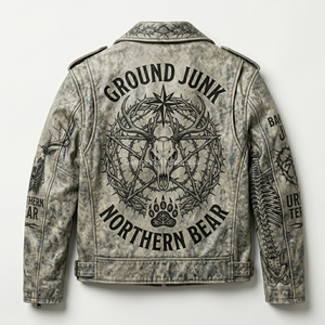 Chaqueta de Cuero para Hombre con Estampado Personalizado, Estilo Motero, Color Gris Desgastado, Diseño de Esqueleto de Ciervo, Estilo Punk Rock, Ropa Urbana - Product Image 1
