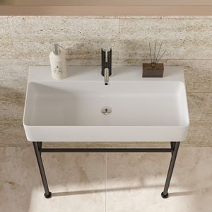 Lavabo de Baño de 31.5 Pulgadas con Consola, Lavabo de Cerámica Blanco con Rebosadero y Patas Negras - Product Image 2