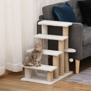 Arbre à chat multi-niveaux 4 étages avec escalier moquetté blanc pour animaux, griffoir, balançoire, rampe suspendue, lit et canapé, et balles de jeu pour chatons - Product Image 2