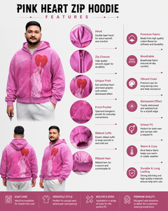 <b>Pink</b> Men's Oversized Hooded Zip-Up <b>Sweatshirt</b> Heart Print Casual Streetwear Autumn Wear Fleece Material - Product Image 3