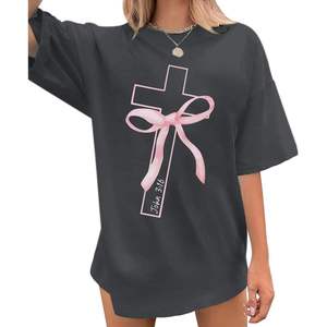 Camiseta de Algodón 100% Transpirable de Manga Larga con Gráfico de Lazo Rosa Oversize para Mujer FOXA Christian Cross, Top de Fe Juan 3:16 - Product Image 1