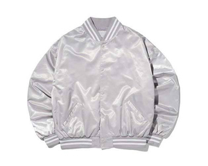 Men's <b>Silver</b> Satin Varsity <b>Jacket</b> Regular Fit Turn-down Collar Button Closure Casual Autumn Wear - Product Image 1