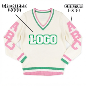 Cárdigan Personalizado con Cuello en V para Hermandades, Logotipo de Chenilla, Letras Griegas, Estilo Preppy, Suéter Tejido de Manga Larga para Mujer - Product Image 1