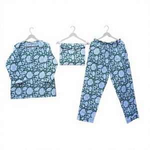 Pijama largo estampado de bloque de algodón de verano para mujer, ropa de dormir cómoda, Conjunto de pijama con estampado Floral de 3 uds. - Product Image 1