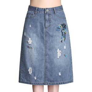 Women's Straight Denim <b>Knee</b>-Length Skirts <b>High</b> Waist Embroidery Vintage Floral Print Ripped Y2K Street Fashion Autumn - Product Image 1