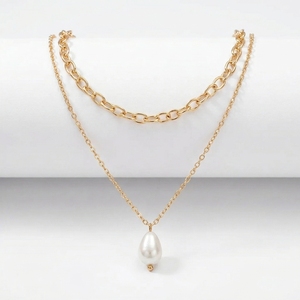Collier ras du cou tendance en acier inoxydable doré avec pendentif géométrique superposé et perle en forme de goutte pour femme, idéal pour les soirées - Product Image 4