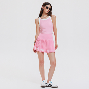 Ensemble sportif tricoté sans manches pour femme, jupe plissée, color block, haute élasticité, respirant, tenue d'entraînement printemps-été - Product Image 3