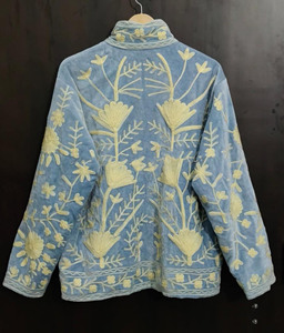 Handmade Velvet Suzani Quilted Eco-Friendly Blue Floral Embroidered Vintage Boho Jacket - Product Image 2
