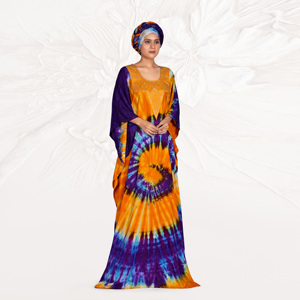 Caftán Farasha de Rayón con Patrón Espiral Artístico, Panel de Cuello Adornado, Talla Grande, Corte Holgado, Elegante, Largo hasta el Suelo, Estilo Drapeado, para Eid - Product Image 1