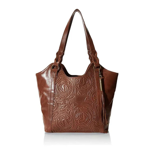 Sac fourre-tout en cuir véritable pour femme, style bohème, motif floral embossé, fermeture éclair, bandoulière avec pompon décoratif - Product Image 1